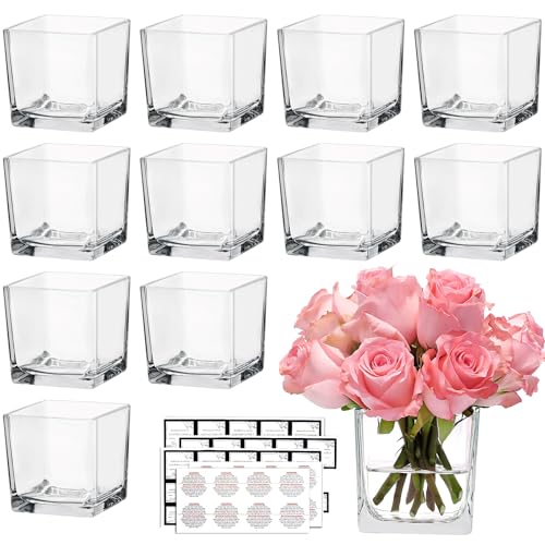 CONNOO 12 Pack Square Glass Vase 3" x 3" x 3", Clear Bulk Flower Vases for Centerpieces, Square Glass Cube Vase Floating C...