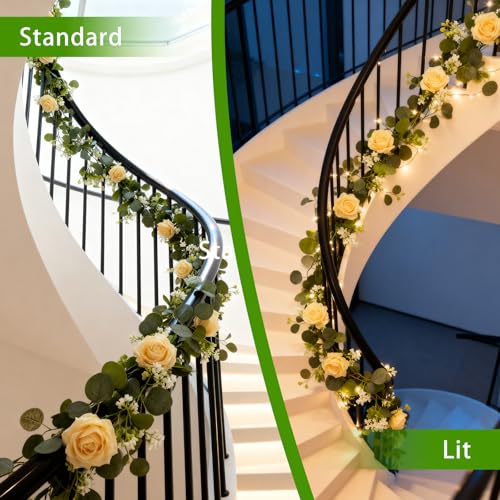 Solivya 2 Pack 5.9 FT Artificial Flower Garland with Lights, Fake Floral Garland with 12 Roses, White Flower Decorations f...