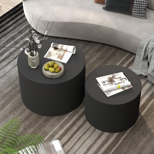 Furnivado Black Round Coffee Table Set of 2, Modern Wooden Nesting Coffee Tables for Living Room, No Assembly Required Cir...