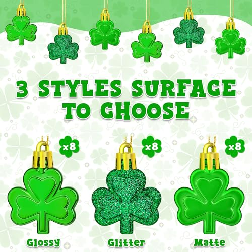 24 PCS St Patricks Day Decorations, Shamrocks Tree Ornaments, 3 Styles Good Luck Clover Hanging Baubles for Tree, Shamrock...