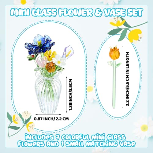 Fiwochic 7 Color Glass Birth Flower Decor Glass Birthday Month Flower Bouquet with Small Vase Crystal Wildflower Blossom f...
