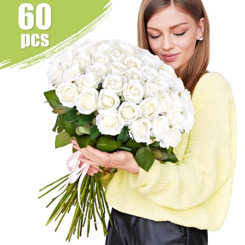 Rowfad 60 Pcs Artificial Roses Bulk Velvet Silk White Roses White Roses for Wedding Centerpieces Bridal Bouquet Mohter's D...
