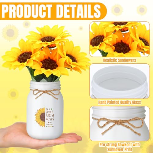 Ziliny Artificial Sunflower Decor Set of 3 Sunflower Table Centerpiece with Mason Jar Fake Flowers for Farmhouse Kitchen D...