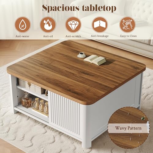 Decofy Lift Top Coffee Table with Storage, 31.5" Mid Century Modern Square Coffee Tables for Living Room, Large Hidden Sto...