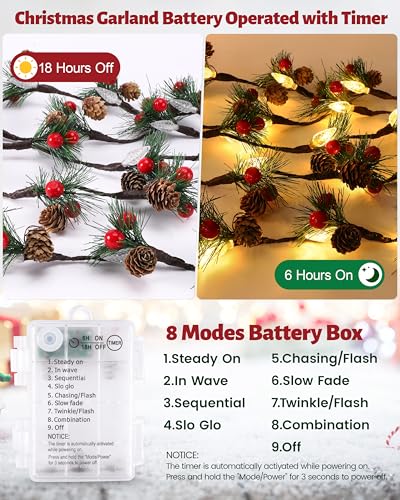 Christmas Garland with Lights,7FT Pinecones Christmas String Lights with Red Berries,Needles,20Led C6 Christmas Lights Bat...