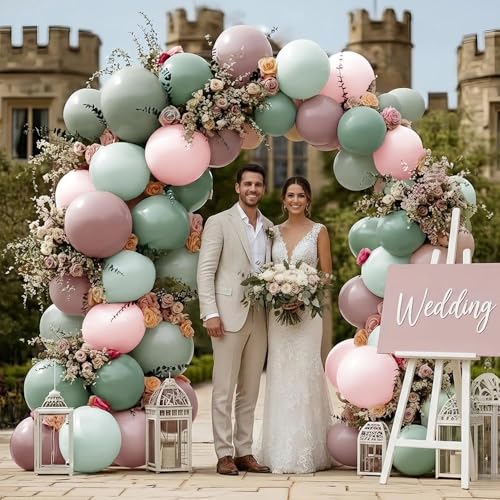 Pink Green Balloon Arch with Artificial Flowers Double Stuffed Dusty Light Pink Sage Green Balloon Garland Kit Eucalyptus ...