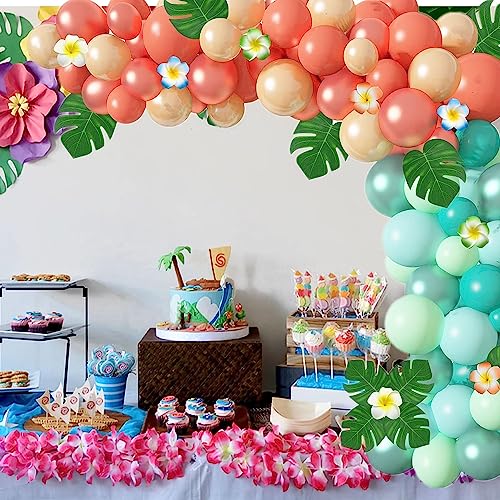 Ouddy Party Tropical Balloon Garland Arch Kit, 12"10"5" Rose Gold Blush Blue Balloons Artificial Palm Leaves Plumeria for ...