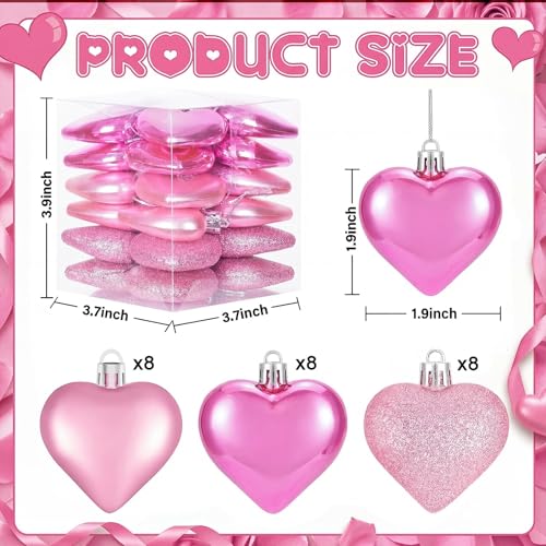XmasExp Valentines Day Decor Heart Ornaments for Christmas Tree Decorations Set of 24 Pink Heart Shaped Bauble Perfect for...