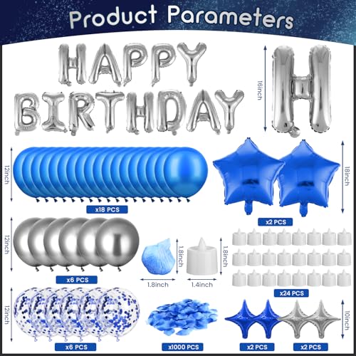 Blue Happy Birthday Balloons Banner Navy Blue Silver Birthday Balloons Letters with 6 Pcs Star Balloons Blue Artificial Ro...