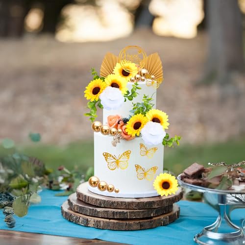 Gyufise 54Pcs Artificial Sunflower Cake Decorations Acrylic Happy Birthday Cake Topper Butterfly Balloon Cake Toppers for ...