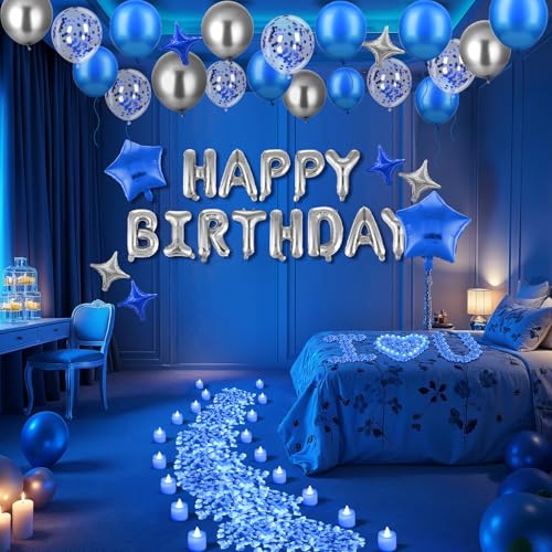 Blue Happy Birthday Balloons Banner Navy Blue Silver Birthday Balloons Letters with 6 Pcs Star Balloons Blue Artificial Ro...