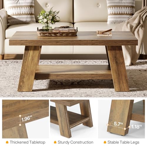 Tribesigns Farmhouse Coffee Table, 47.24" Rectangle Coffee Tables for Living Room, 2-Tier Center Tables with Storage Shelv...