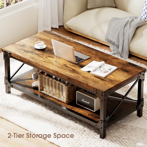 Rectangle Coffee Tables for Living Room, Wood Rectangular Coffee Table, 2 Tier Industrial Modern Center Table with Thicken...