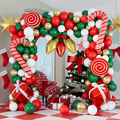 DBKL Balloons 152Pcs Garland Kit for Christmas, Red, White, Green, Gold, Candy Cane, Gift Box, Light Bulb Foil Balloons, D...