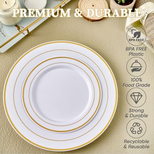 FOCUSLINE Gold Plastic Plates Set of 60, Disposable Plates with Gold Rim 30 Dinner Plates 10" and 30 Salad Dessert Appetiz...