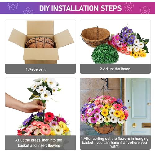 Ouddy Decor Artificial Hanging Flowers with Basket, Fake Silk Hanging Flowers in Coconut Lining Basket Faux Hanging Plants...