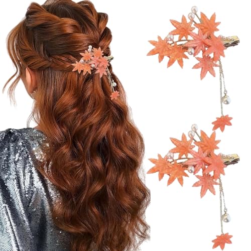 2Pcs Maple Leaf Hair Clip Thanksgiving Metal Orange Maple Leave Hairpins Vintage Pearl Tassel Fall Headpieces Hair Accesso...