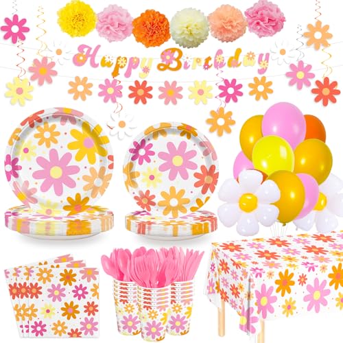 236pcs Groovy Daisy Party Supplies Daisy Plates Napkins Flower Tablecloth Banner Balloons Daisy Boho Paper Cups Dinner Tab...