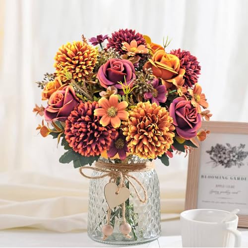 Guagb 3 Pcs Fall Flowers Artificial Mums Silk Chrysanthemum Rose Daisy Bouquet Fake Mum Faux Floral Arrangements Home Indo...