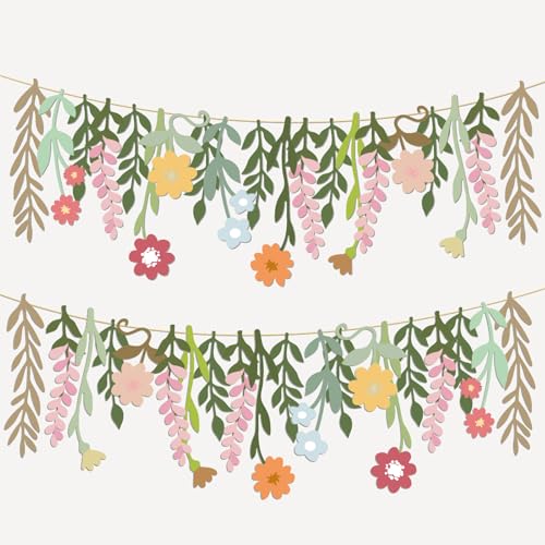 2 Pcs Flower Birthday Party Banner Spring Decor Floral Theme Hanging Garland Spring Happy Birthday Flower Banner Boho Flor...