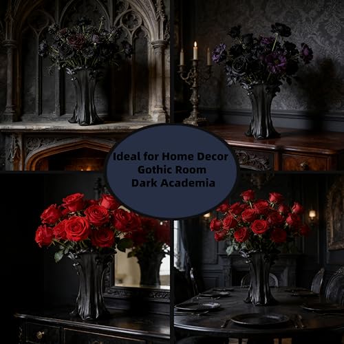 ZgdLScyF Vintage Gothic Ceramic Vase, 8.74×6.46×5.63inches, Matte Black Flower Vase for Red & Black Roses,Dark Academia Wi...
