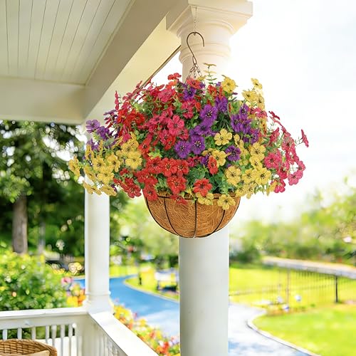 Senjie 2 Set Artificial Hanging Flowers with Basket for Outdoor Decor, UV Resistant 24 Bundles Faux Flowers Fake Hanging P...