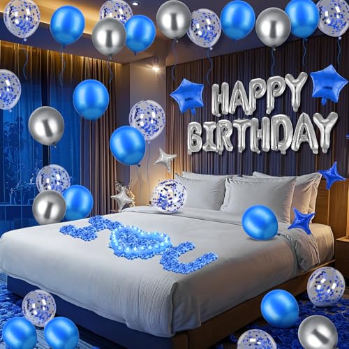 Blue Happy Birthday Balloons Decorations Royal Blue Silver Birthday Balloons Letters Banner 6 Pcs Star Balloons Blue Artif...