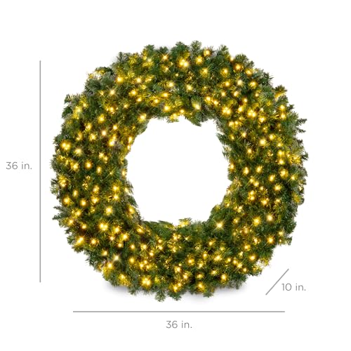 Best Choice Products 36in Large Artificial Pre-Lit Fir Christmas Wreath Holiday Accent Decoration w/ 150 LED Lights, 300 P...