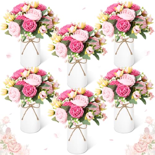 Domensi 6 Sets Wedding Floral Centerpiece for Table Decor, Artificial Peonies Silk Flowers Bouquet with Flower Foam and Me...