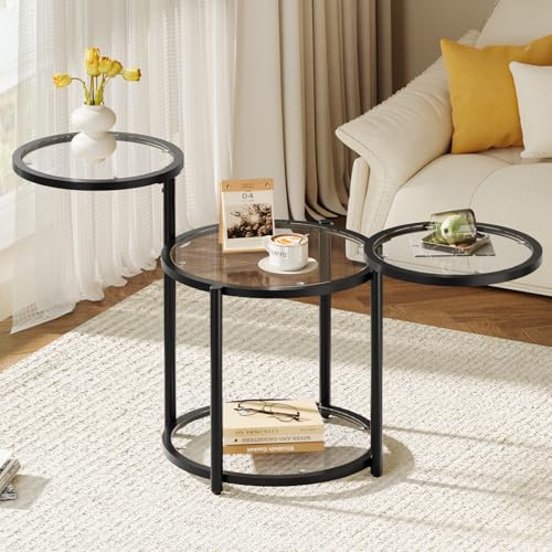 Curlaky Round Glass Coffee Table - 4 Tier Coffee Tables for Living Room with Rotating Top, Circle Coffee Table with Storag...