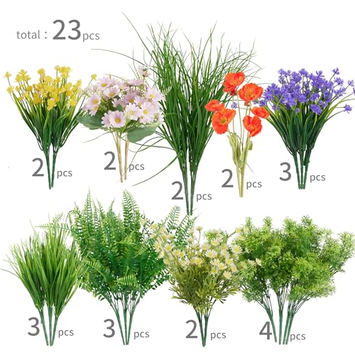 Clycaloor 23Pcs Outdoor Artificial Boxwood UV Resistant Fake Stems Plants, Faux Plastic Greenery for Indoor Outside Hangin...