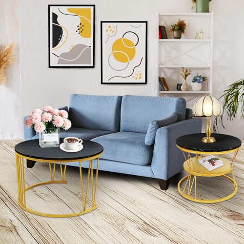 Round Nesting Coffee Tables Set: Black Gold Marble Coffee Table Set of 2 - Modern Metal Stacking Side Table for Living Roo...