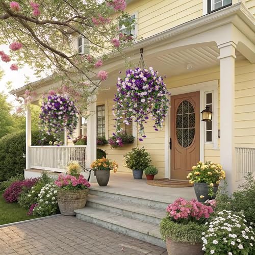 Lcuasc 2Pcs Outdoor Faux Hanging Flowers Artificial Morning Glory with Eucalyptus Leaves UV Resistant Look Real Fake Plant...