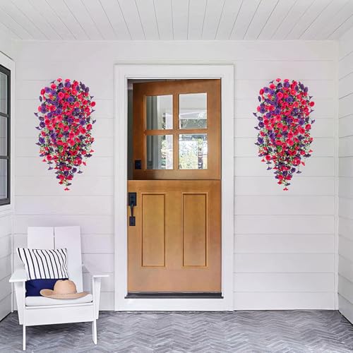 Artificial Hanging Flowers for Outdoor, 4pcs Fake Plants Long Vine Morning Glory Eucalyptus, Spring Summer UV Resistant Re...