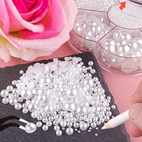 Nail Art Flat Back Half Round Pearl Kits 3, Mixed Sizes 6000 Pcs White Small Pearls for Nails with Picking Tools for Gradu...