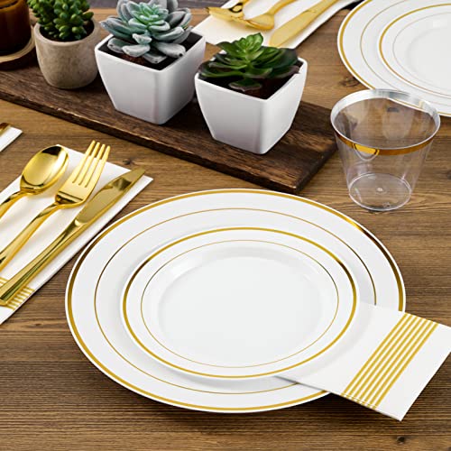 FOCUSLINE Gold Plastic Plates Set of 60, Disposable Plates with Gold Rim 30 Dinner Plates 10" and 30 Salad Dessert Appetiz...