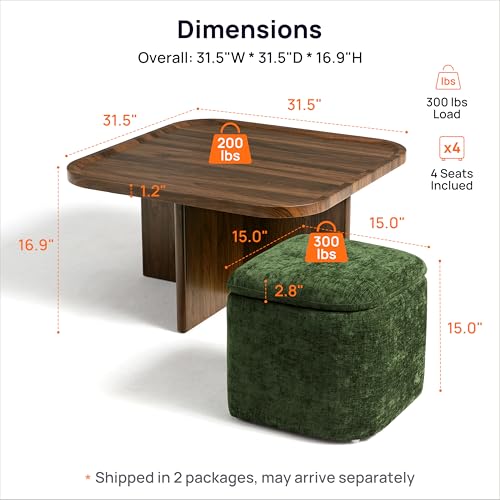Square Coffee Table with Stools Underneath, Wood Ottoman Coffee Tables with 4 Chenille Storage Ottomans & Seats, Mid-Centu...