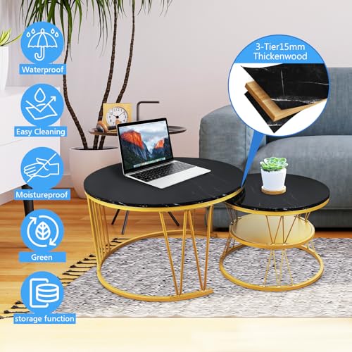 Round Nesting Coffee Tables Set: Black Gold Marble Coffee Table Set of 2 - Modern Metal Stacking Side Table for Living Roo...