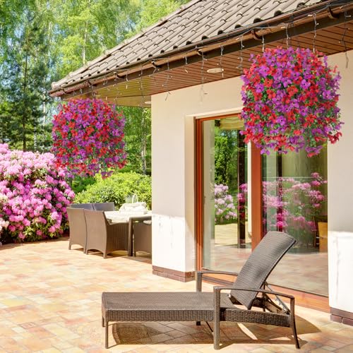 INXUGAO Artificial Hanging Flowers Plants with Basket for Outdoors, Realistic Faux Silk Daisy Flower Eucalyptus for Spring...