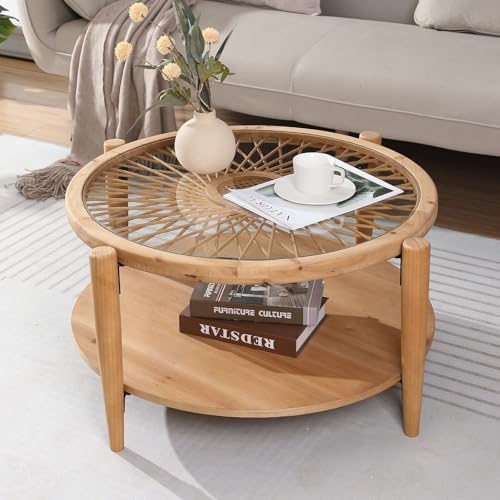 RUSTOWN Rattan Coffee Tables,2-Tier Round Boho Cocktail Tables, Mid Century Modern Coffee Table with Rattan & Tempered Gla...