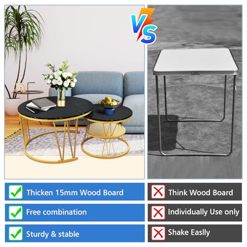 Round Nesting Coffee Tables Set: Black Gold Marble Coffee Table Set of 2 - Modern Metal Stacking Side Table for Living Roo...