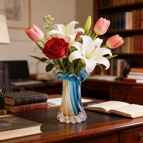 Unique Blue & Gold Hand Blown Art Glass Vase - Blue & Gold Sculptural Flower Vase for Centerpieces, Home Decor & Living Ro...