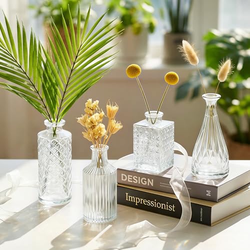 12 Pcs Clear Bud Vases Set, Small Vintage Glass Clear Bud Flower Vases Bulk Multiple Shape Cute Mini Glass Bottles Vases f...