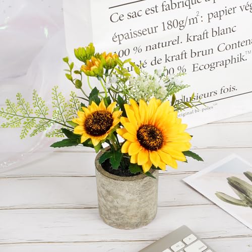 COCOBOO Sunflower Artificial Flowers Pot, Sunflower Decor, Yellow Fake Flower in Pots, for Home Bathroom Kitchen