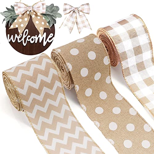 3 Rolls Burlap Wired Ribbons 15 Yards Stripe Dot Buffalo Plaid Pattern Wrapping Gingham Grosgrain Ribbon for DIY Crafts Pa...