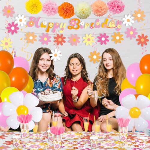 236pcs Groovy Daisy Party Supplies Daisy Plates Napkins Flower Tablecloth Banner Balloons Daisy Boho Paper Cups Dinner Tab...