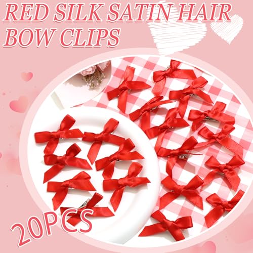 SAWINDA 20PCS Red Mini Hair Bows Small Bow Hair Clips Cute Bowknot Silk Ribbons for Girls Valentines Sweet Bows for Hair N...