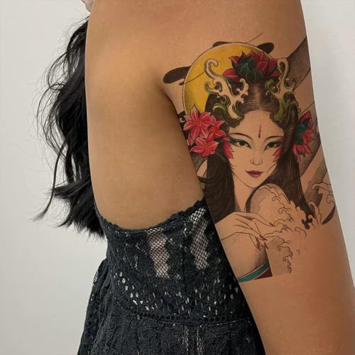 Oottati 6 Sheets Arm Waterproof Temporary Tattoo Stickers, Colorful Japanese Ancient Beauty Lady Women Hairpin Geisha Praj...