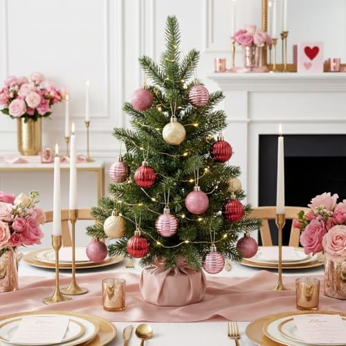 Valery Madelyn 1.6" Small Valentines Ornaments Tree Decorations, 24ct Pink Red and Gold Shatterproof Spring Ball Ornament ...