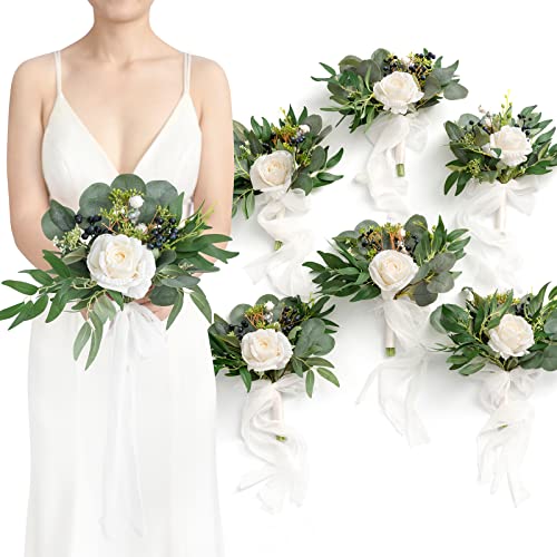 Ling's moment Artificial Bridesmaid Bouquets Set of 6 Eucalyptus Wedding Flower Bouquets White Floral Bouquet Bridal Bouqu...